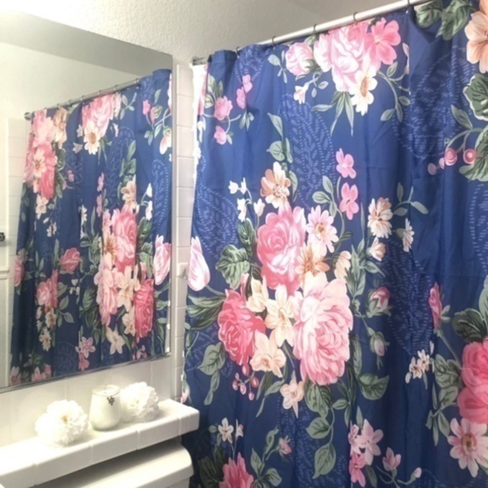 BLUE FLORAL SHOWER CURTAIN WITH PINK FLOWERS
